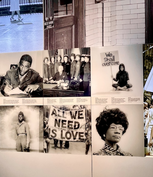 Clippings of civil rights leaders at the Torn roof exposed to the sky with WW2 planes seen flying overhead