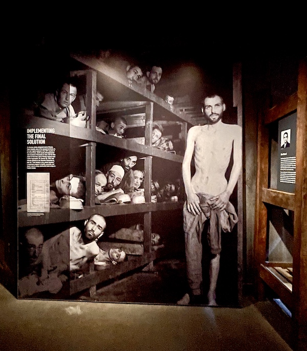 Photo in a concentration camp barracks of emaciated men in bunks at the Liberation Pavilion at National WW2 Museum
