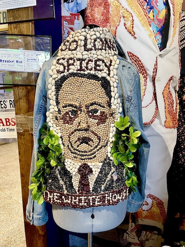 Back of denim jacket embroidered with dried beans on display at SoFab NOLA is So Fabulous!