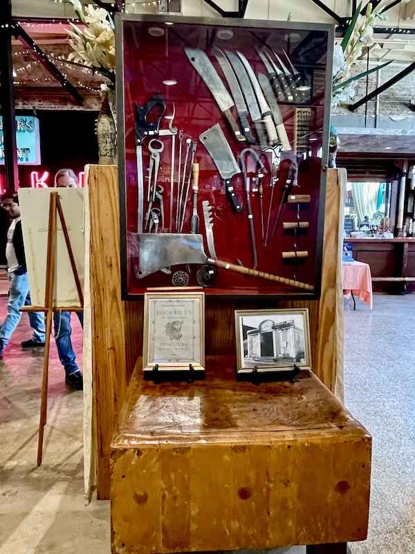 Very old butcher block and butcher's knives and tools on display at SoFab NOLA is So Fabulous!