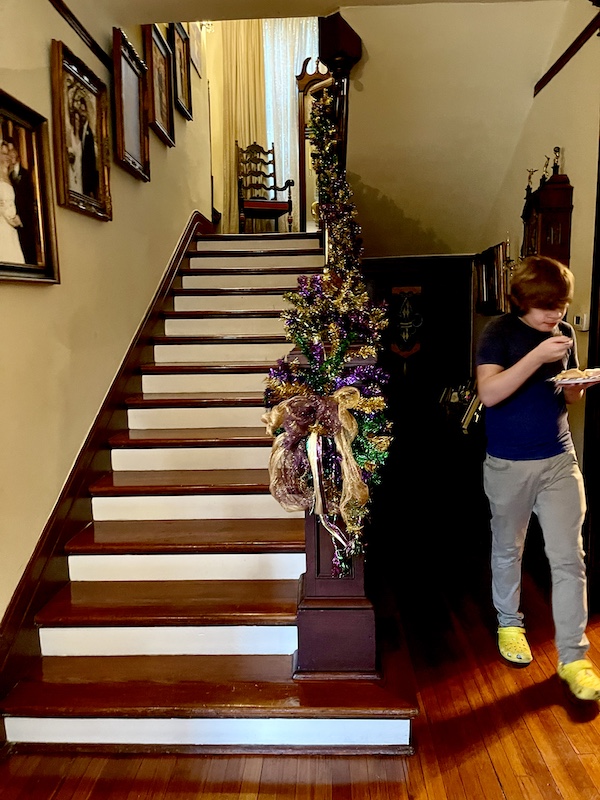Home stair railing festooned with Mardi Gras decorations.