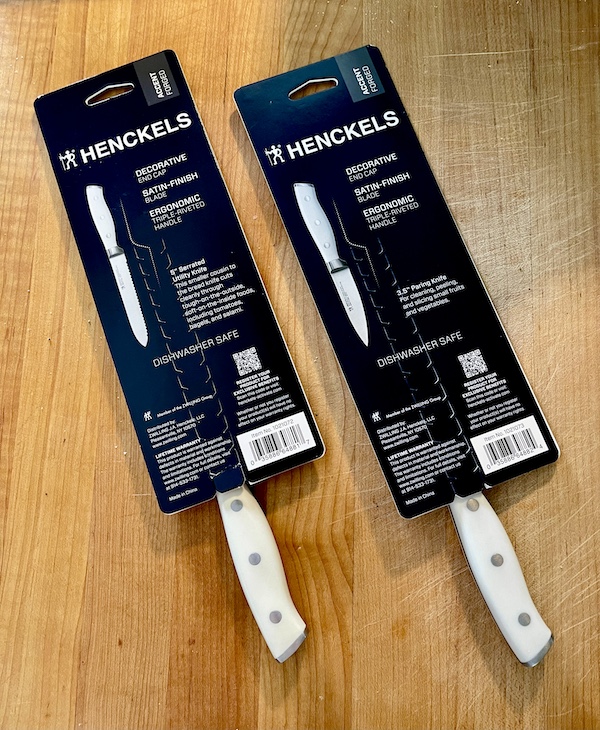 My New Henckels Paring and Utility Knives in packages with product details