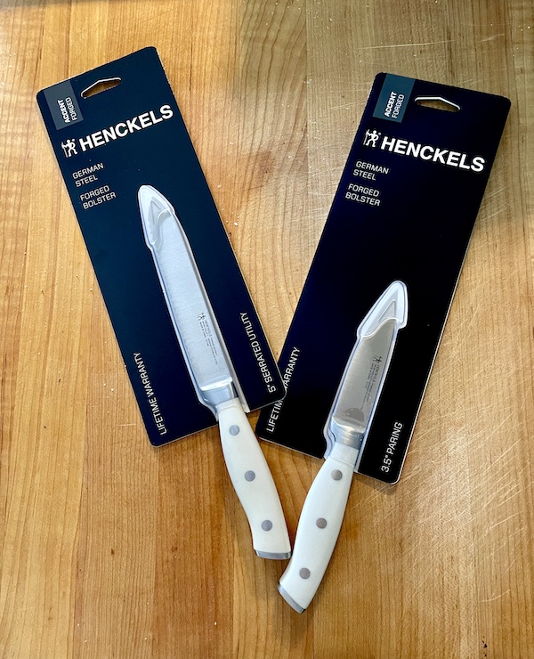 My New Henckels Paring and Utility Knives in their packages front view