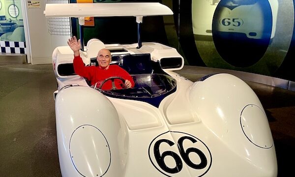 Steve, behind the wheel of a white race car at the Chaparral Gallery Petroleum Museum