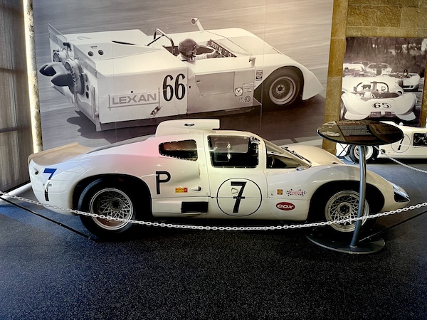 White racing car on display at the Chaparral Gallery Petroleum Museum