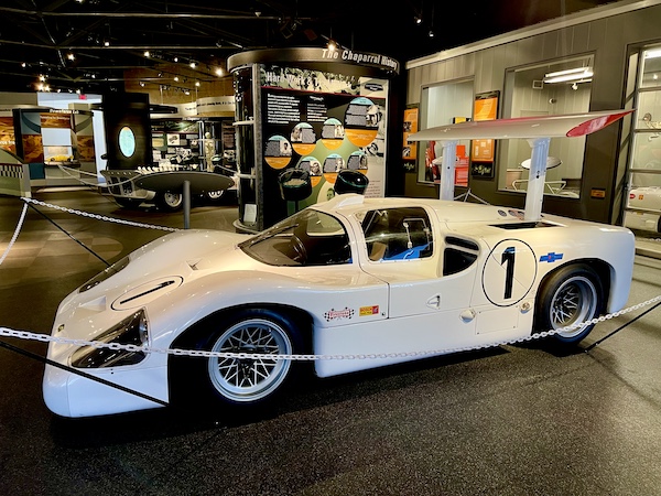 White racing car with black numbers on display at the Chaparral Gallery Petroleum Museum