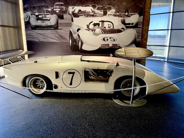 White aerodynamic racing car at the Chaparral Gallery Petroleum Museum