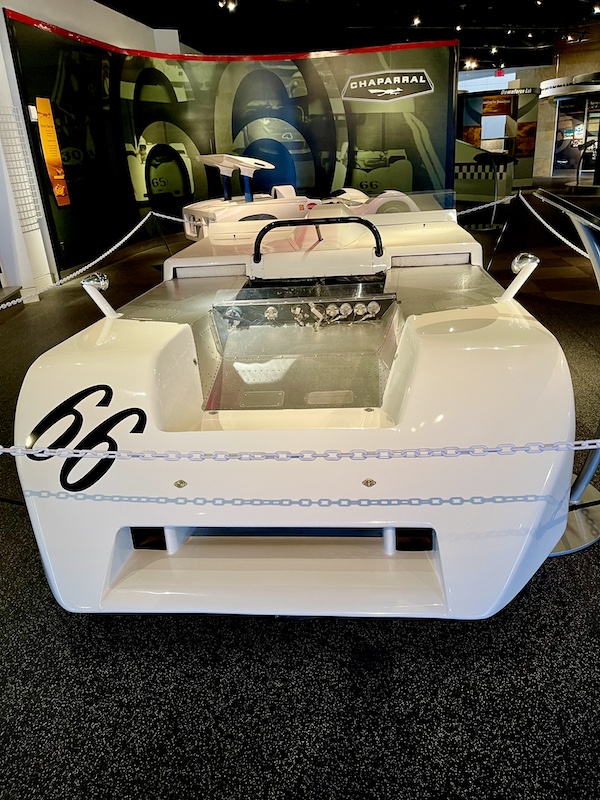 White racing car with black numbers 66 at the Chaparral Gallery Petroleum Museum