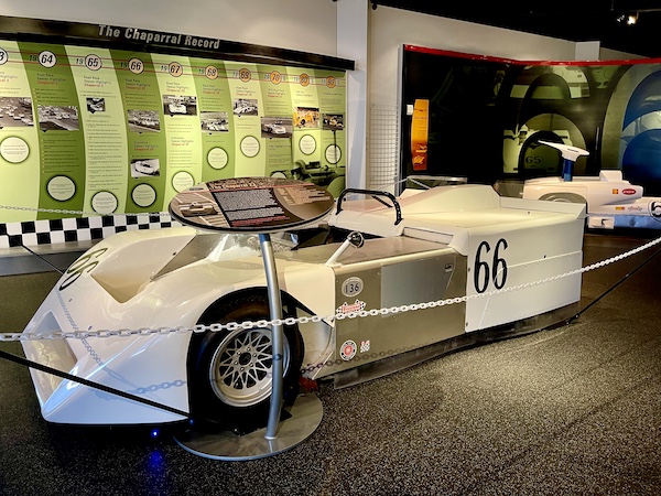 Boxy rear end of this white racing car on display at the Chaparral Gallery Petroleum Museum
