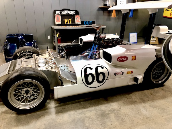 White racing car showing the engine at the Chaparral Gallery Petroleum Museum