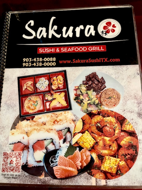 Menu cover with photos of sushi from Sakura Sushi Sulphur Springs TX