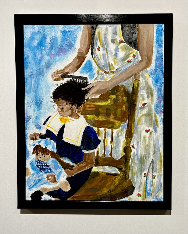 Painting of a mother fixing her daughter's hair while the girl is sitting on a wood chair on display at The Grace Museum Abilene TX