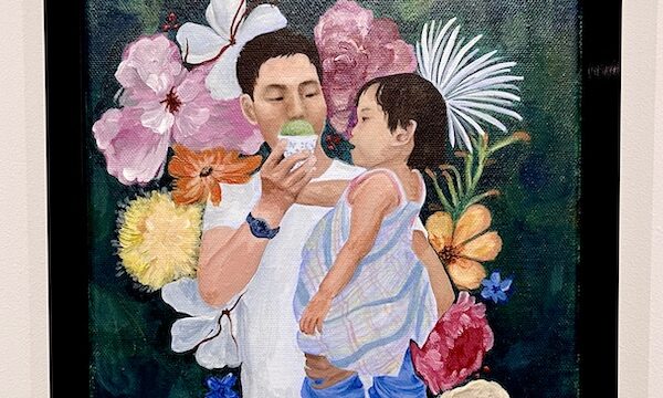 Painting of a father sharing green ice cream with his toddler daughter on display at The Grace Museum Abilene TX