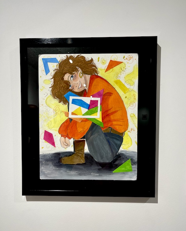 Art of a girl in an orange sweater crouching on display at The Grace Museum Abilene TX
