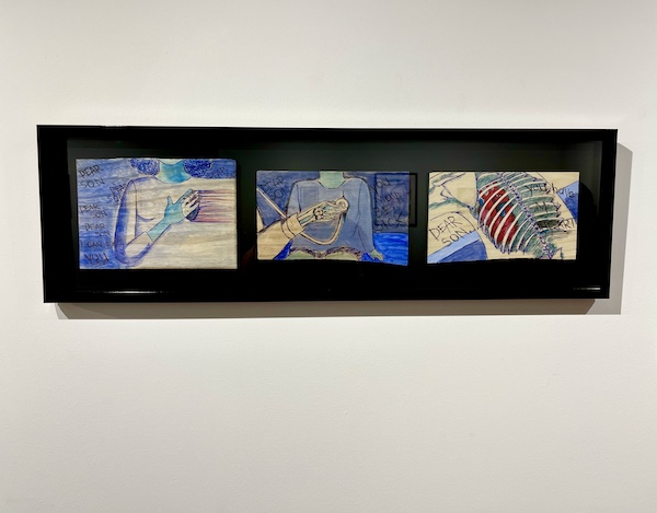 three panels of art on black background on display at The Grace Museum Abilene TX
