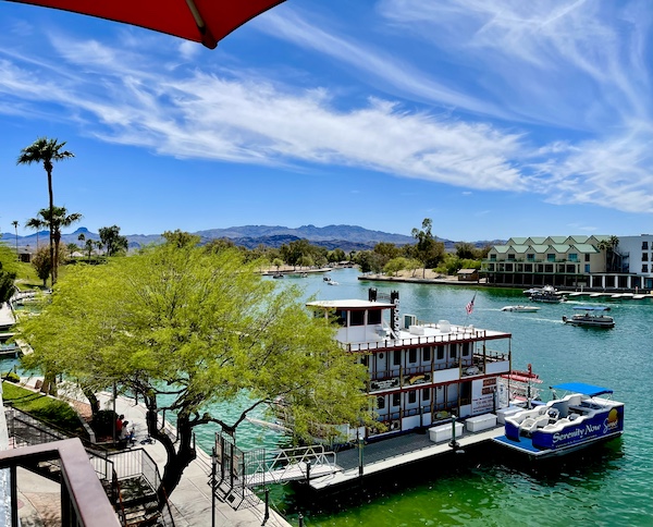 View of Colorado River from restaurant dining deck on our visit to Beautiful Lake Havasu Arizona