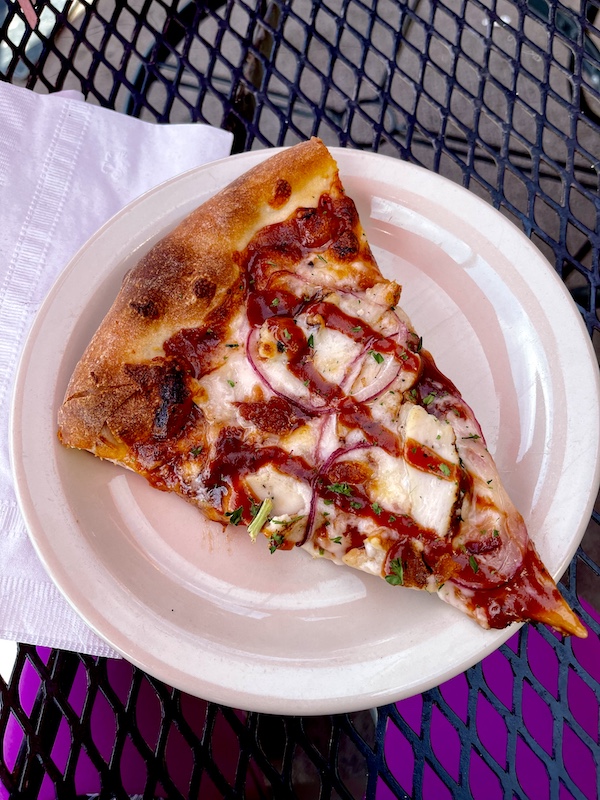 Slice of pizza with chicken bacon and bbq sauce drizzle for lunch on our Beautiful Lake Havasu Arizona