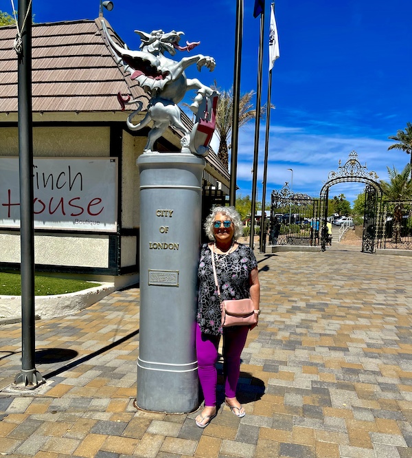 Me leaning against a pillar from London on our visit to Beautiful Lake Havasu Arizona
