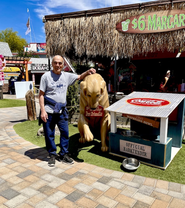 Steve patting the head of a large dog stature on our visit to Beautiful Lake Havasu Arizona