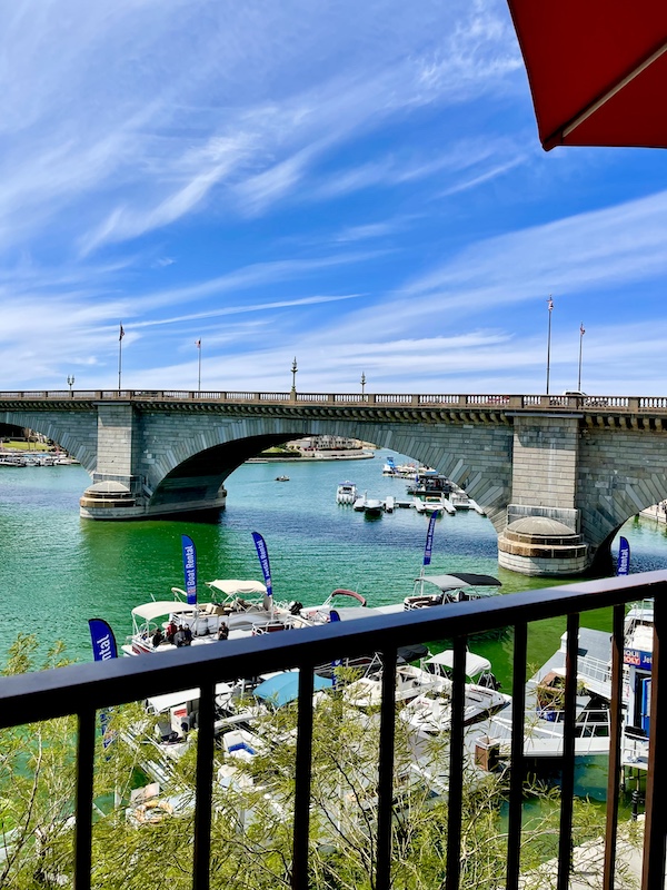 View of London Bridge Lake Havasu AZ and boats from our table at lunch.