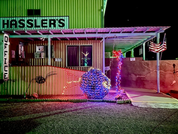 RV park office with let fish in front during Our Visit to Quartzite Arizona