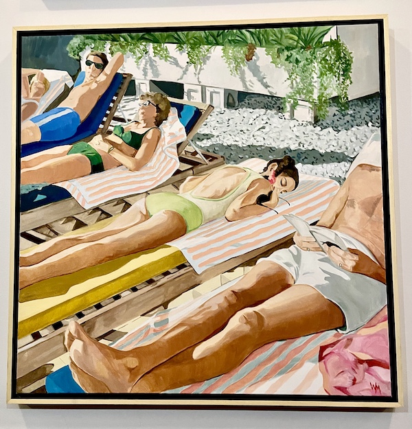 Painting of people sunbathing by a pool on display at a Special Art Show in LA
