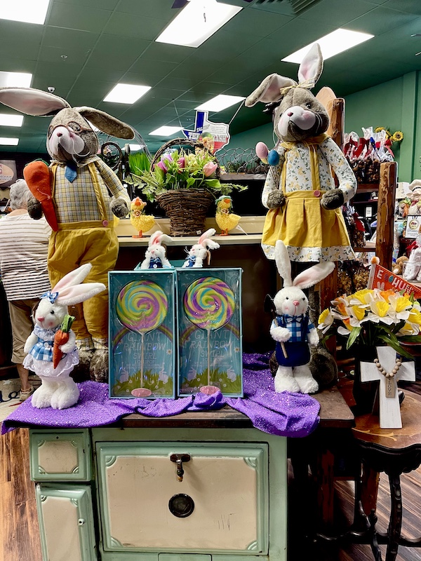 Candy display with stuffed Easter bunnies at Susie's South Forty Midland TX