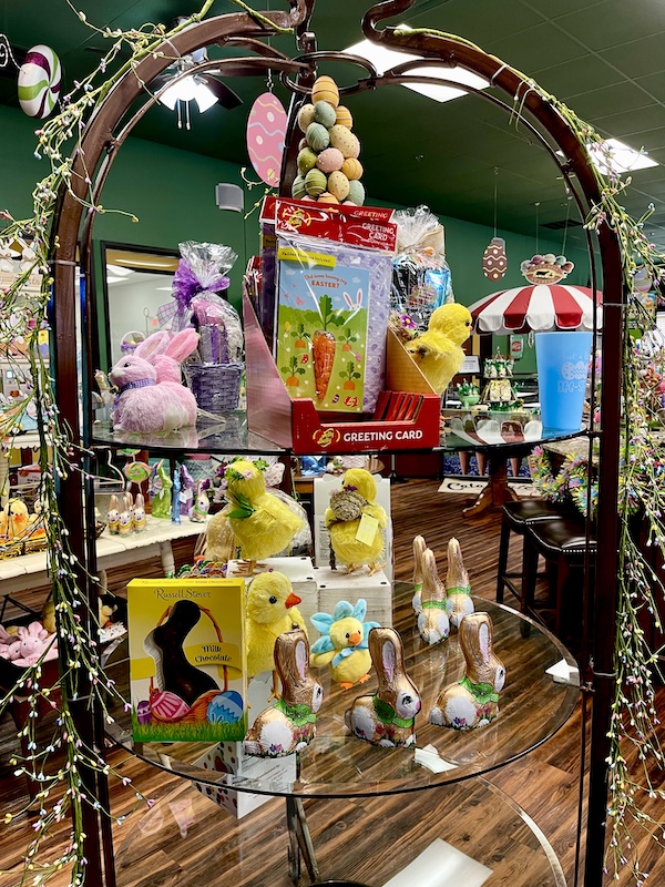 Candy display with foil covered chocolate bunnies at Susie's South Forty Midland TX