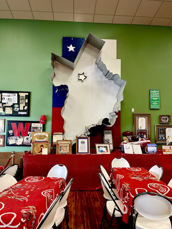 Giant cookie cutter outlines the map of Texas at Susie's South Forty Midland TX