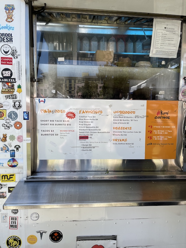 Menu in the window of the Kogi Food Truck in Pasadena CA
