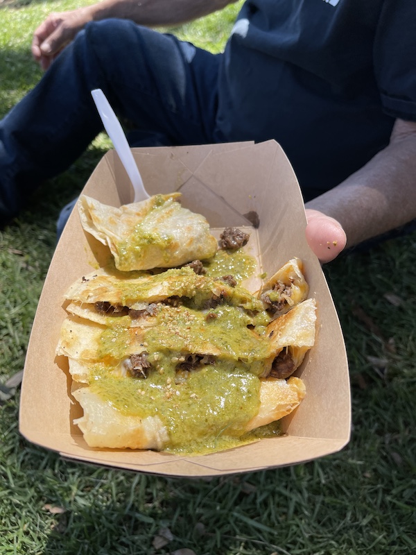 At Kogi Food Truck in Pasadena CA Steve's holding his Quesadillas.