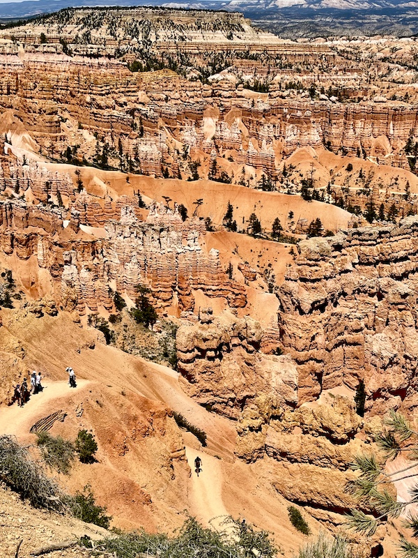 Hikers on a trail through the red rock formations of Bryce Canyon National Park