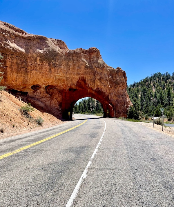 Tunnel carved through red rock with highway running though it at Bryce Canyon National Park