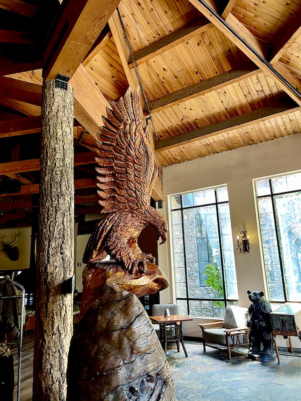Carved wooden eagle in the hotel lobby during our day at Scenic Mount Charleston Nevada