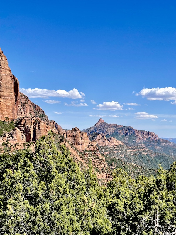 Red and purple mountains with blue sky and trees at Zion National Park Kolob Canyons