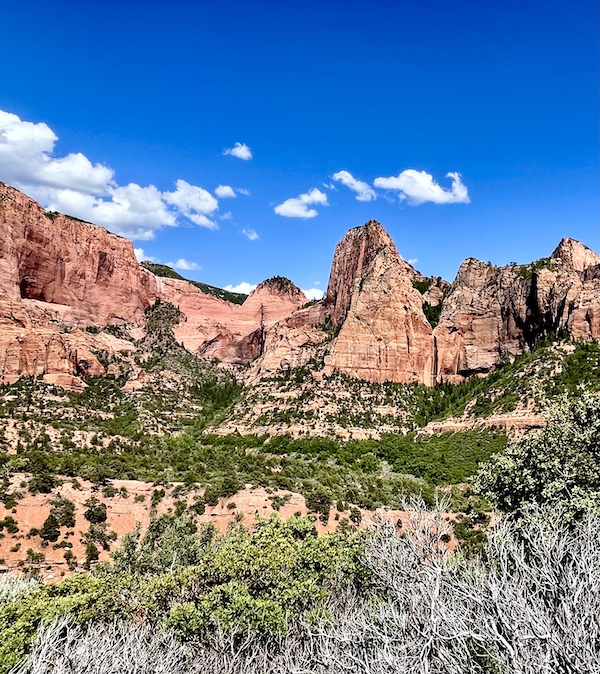 Odd shaped red rock formations, trees and blue sky with puffy clouds at Zion National Park Kolob Canyons