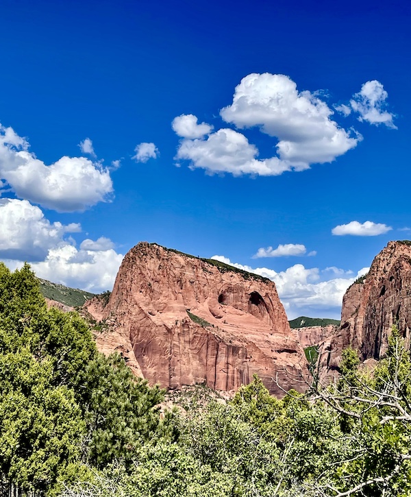 Cathedral shaped red rock formation with trees in foreground at Zion National Park Kolob Canyons