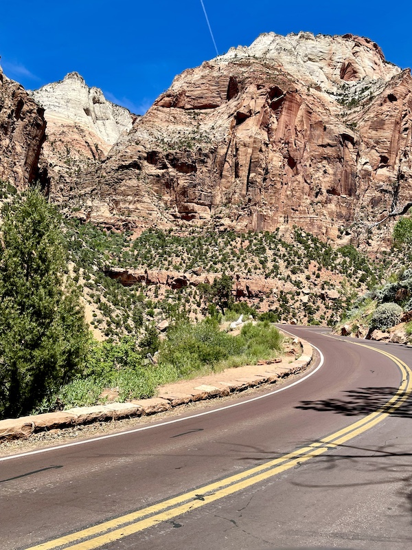 Curved highway through the mountains of Zion National Park Utah