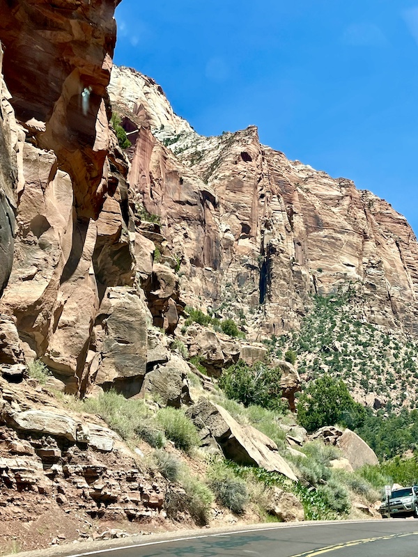 Rugged pink and white mountains with greenery and blue sky along the beautiful drive through Zion National Park Utah