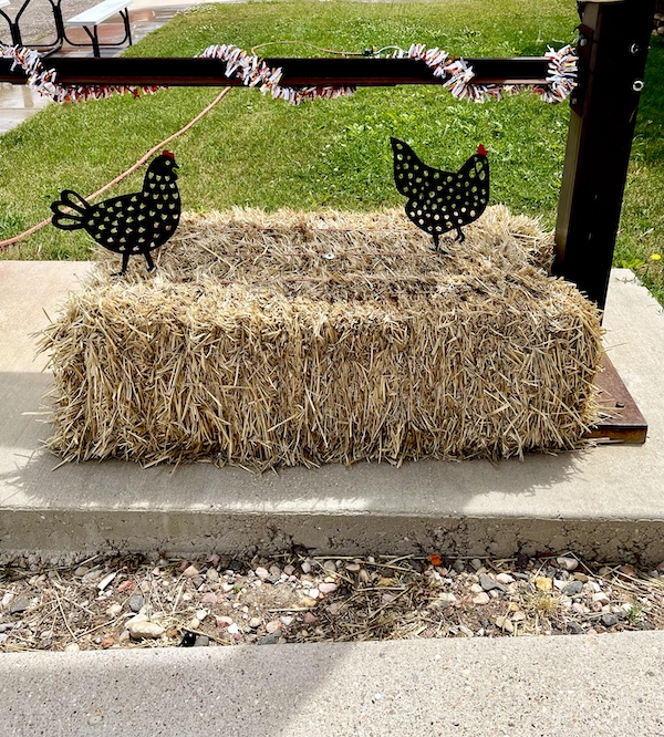 Small bale of hay with two black metal chickens on it, in front of DeDe's Farmhouse Cafe in Delightful Parowań Utah