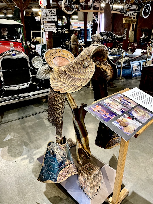 Colorful bronze saddle known as the Skyhorse Saddle at the Durango and Silverton Narrow Gauge Railroad Museum