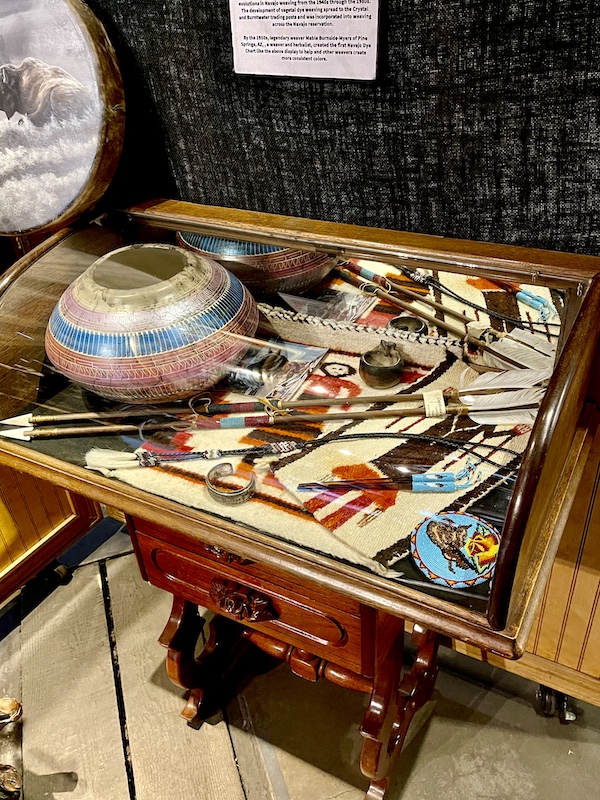 Colorful Native American artifacts in a display case at Durango and Silverton Narrow Gauge Railroad Museum