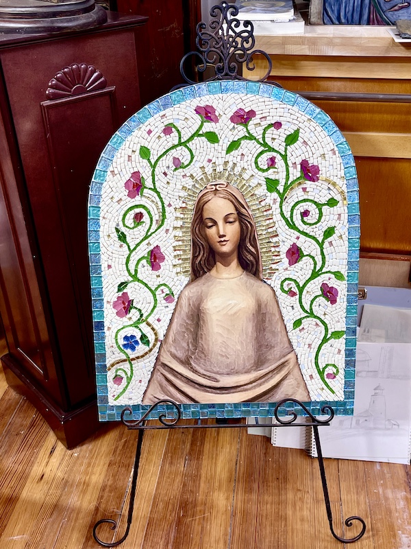 Colorful mosaic panel of a religious icon created by Artist Sondra Jonson Cambridge NE
