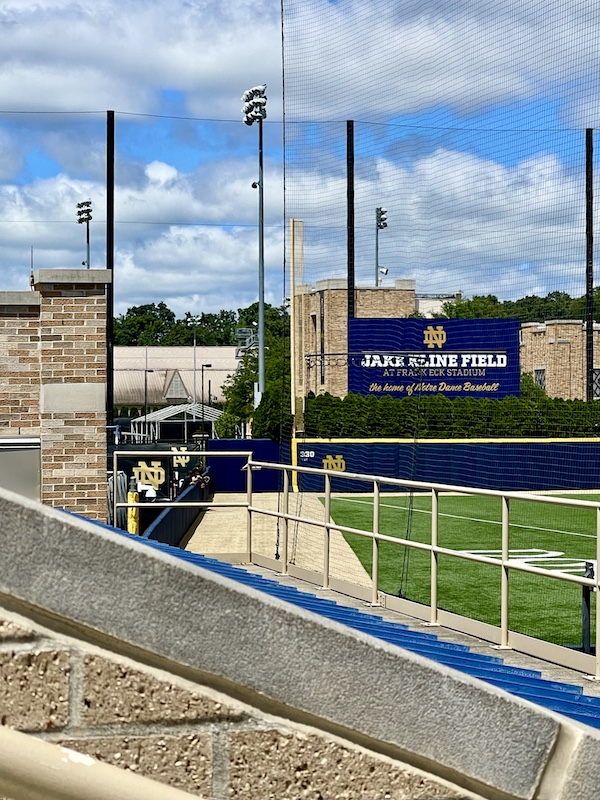 Large blue sign for Notre Dame's baseball stadium