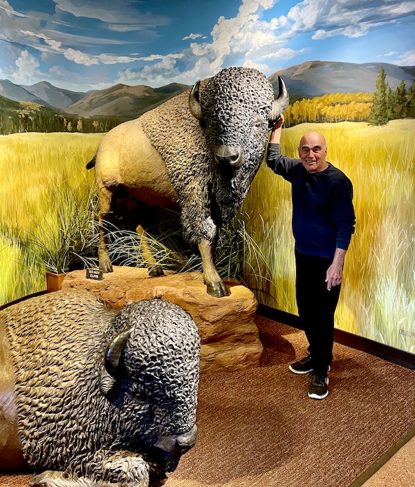 Steve in black sweats appearing to pet a bison at Garden of the Gods
