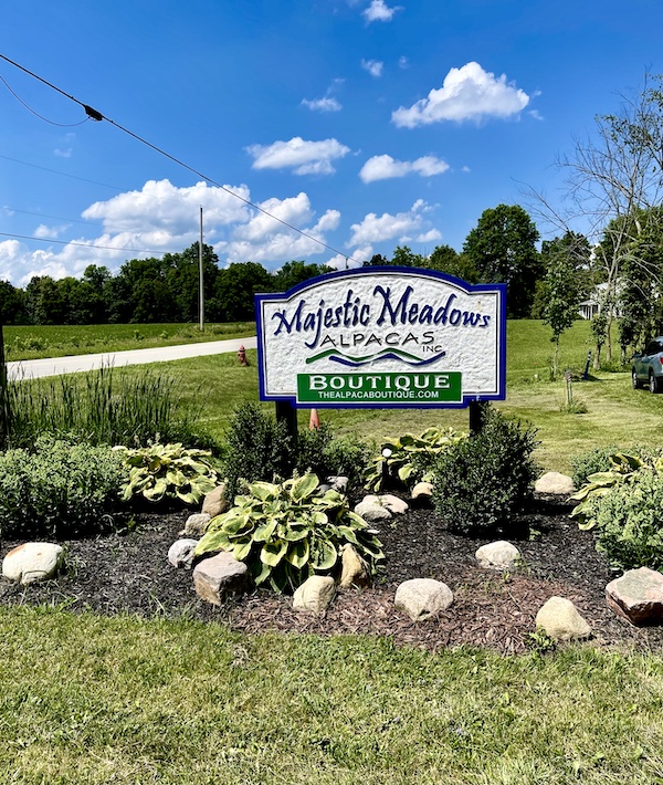 White sign with green lettering and landscaping welcoming you to Majestic Meadows Alpacas Ohio