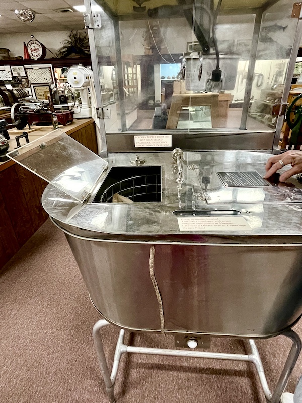Stainless steel tub that is actually an antique baby incubator at Nebraska's Cambridge Museum