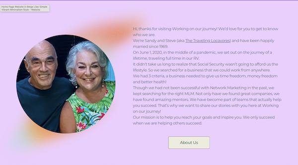 Photo of Steve and I in a circle with info about us. The Traveling Locavores Exciting News