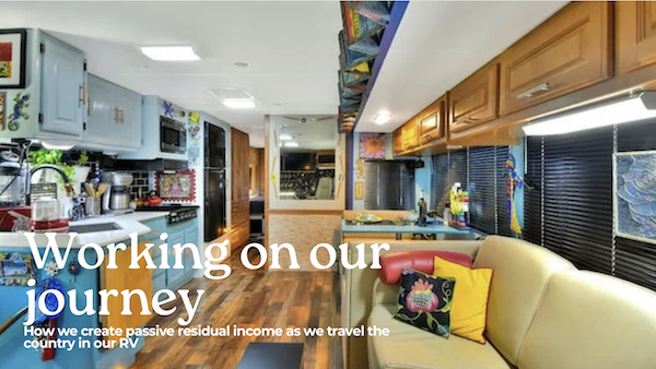 Home page of a website with colorful RV interior shown is part of The Traveling Locavores Exciting News
