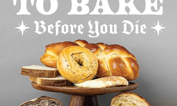 Gray book cover of 30 Breads to Bake Before You Die with a variety of breads.